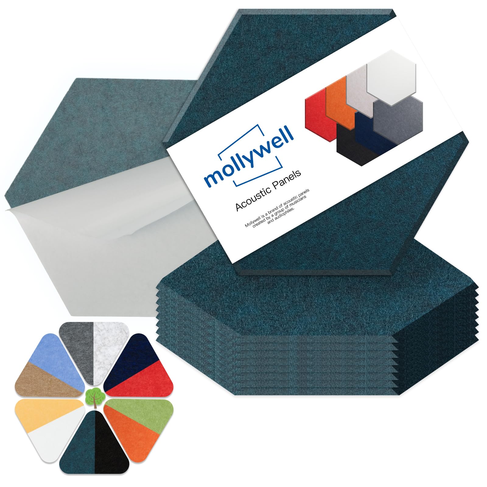 Mollywell Hexagon Acoustic Panels, High Density, Soundproofing, Decorative Noise Reduction Felt Wall Tiles For Ceilings, Home Of